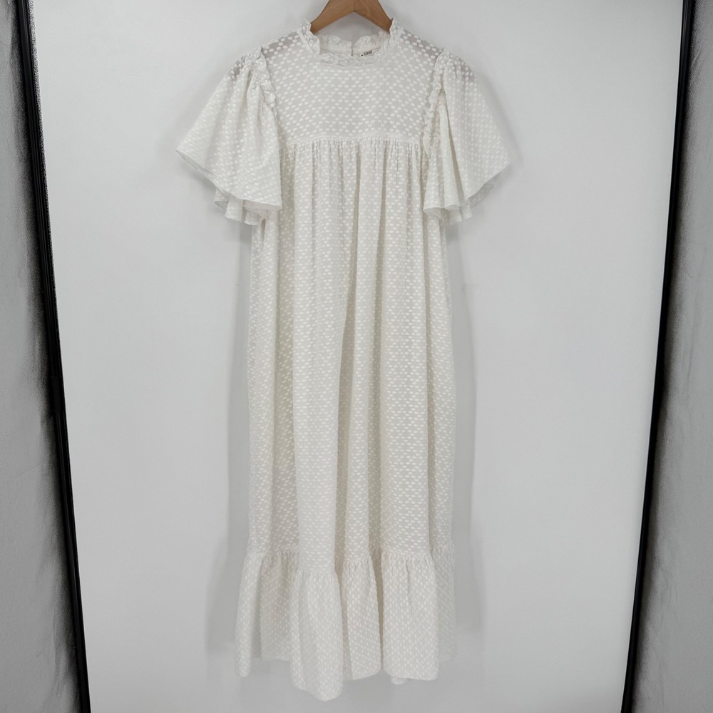 Sonnet James Ava White Textured Cotton Maxi Dress Flutter Sleeves‎ Size Small